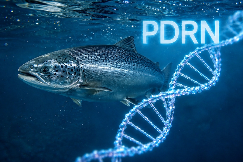 연어에서 추출한 ‘폴리디옥시리보뉴클레오티드(PDRN)’ 성분은 재생의학, 화장품, 건강식품 등 분야에서 핵심 트렌드로 자리 잡았다. 이에 대해 다수 업체, 매체 보도에서는 PDRN의 DNA가 인간의 DNA와  95~97% 수준으로 유사하다고 홍보한다. / 생성형 AI로 제작한 이미지