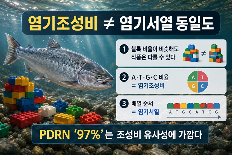 DNA의 유사도를 비교하는 핵심은 염기조성비가 아니다. 만약 DNA의 유사도를 비교해야 한다면 그 기준은 ‘염기서열 동일도(sequence identity)’가 더 가깝다. / 생성형 AI로 제작한 이미지