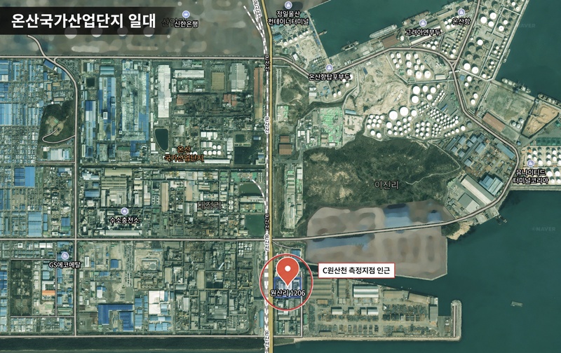 울산 울주군 온산국가산업단지와 원산리 일대. 주변 산단하천 측정지점에서는 최근 10년간 카드뮴과 안티몬의 환경기준 초과가 반복됐으며, 오염원 확인을 위해서는 유입 경로 등에 대한 별도 조사가 필요하다. / 네이버 지도 갈무리