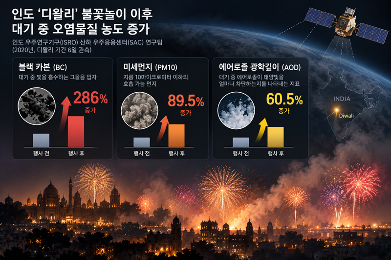 대기를 타고 멀리 퍼진 불꽃놀이 오염물질 입자는 환경오염, 공기질 저하, 미세먼지 등의 요인이 된다. 뿐만 아니라 ‘기후변화’ 자체에도 문제도 된다.  2020년 인도 우주연구기구(ISRO) 산하 ‘우주응용센터(SAC, Space Applications Centre)’ 연구팀에 따르면 인도의 대규모 불꽃놀이 행사에서는 여러 기후변화 유발 물질이 발생했다. / 생성형 AI로 제작한 이미지