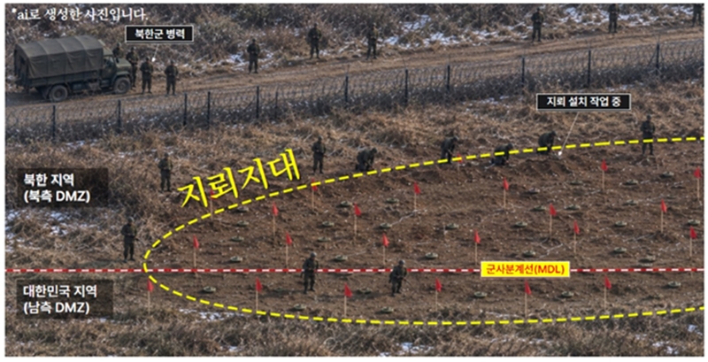 지난 10일 국회 대정부 질문에서 국방위원회 소속 유용원 국민의힘 의원은 자신이 방문한 모 사단 경계구역에서만 북한군이 조성한 지뢰지대 등 6곳이 MDL을 약 10~15M 침범했다고 밝혔다. / 사진= 유용원 국민의힘 의원실