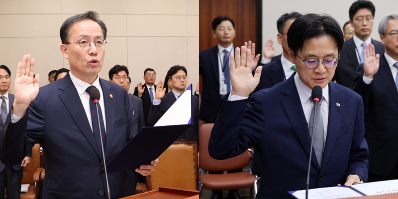 이형일 경제부총리 겸 재정경제부 장관(좌)과 김정관 산업통산자원부 장관(우)이 6일 열린 국회 재정경제기획위원회·산업통상자원중소벤처기업위원회 국정감사에 출석했다. / 뉴시스