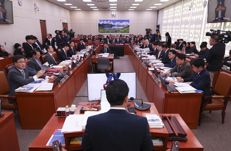 북한 문제에 대한 이재명 정부의 외교적 대응 기조가 국정감사 시험대에 올랐다. 6일 국회 외교통일위원회의 외교부 국정감사에서는 지난달 21일 경기 파주 서부전선 비무장지대(DMZ)에서 발생한 지뢰 폭발 사고의 후속 조치를 놓고 공방이 벌어졌다. 사진은 6일 국회에서 진행된 외교통일위원회 국정감사 모습. / 뉴시스