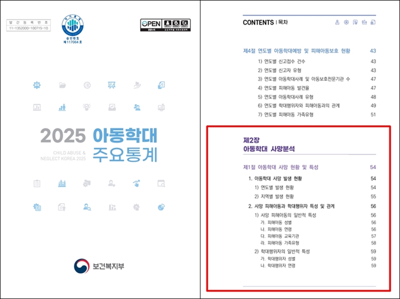 보건복지부가 매년 발간하는 '아동학대 주요통계'에는 '아동학대 사망분석'을 별도 항목으로 두고 사망 피해아동의 규모와 특성을 분석하고 있다. / 아동학대 주요통계 보고서 갈무리