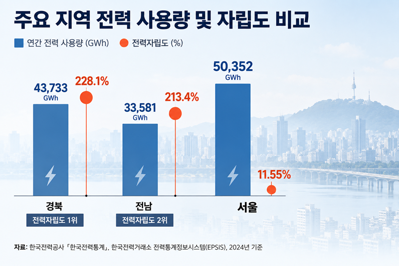 서울시의 에너지 자립도는 지자체 최하위권이다. ‘에너지경제연구원’에 따르면 2024년 서울시의 최종에너지 소비량은 1,211만9,000석유환산톤(toe)이다. 전국 소비량의 5.1%에 달하는 규모다. 반면 서울시의 전력자립도는 11.6%에 불과하다. / 생성형 AI로 제작한 이미지