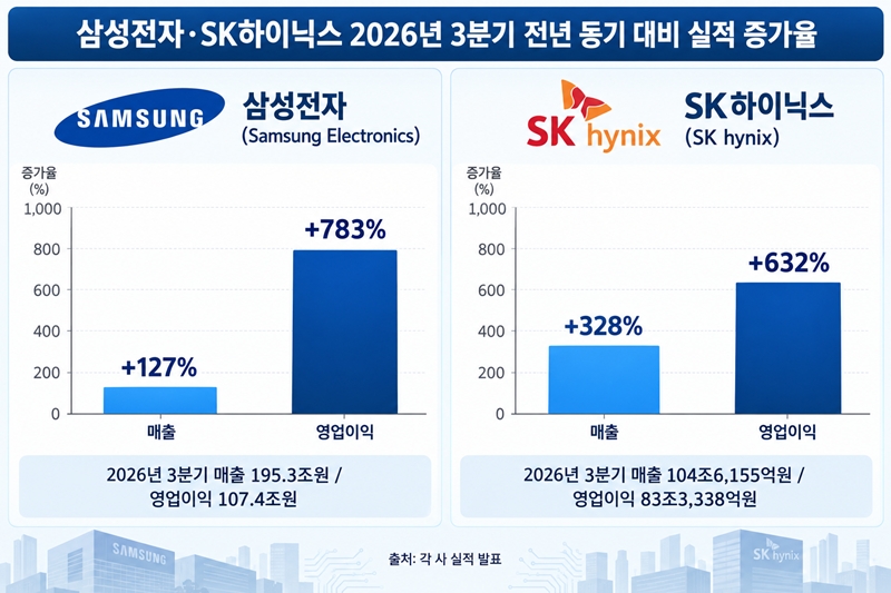 삼성전자와 SK하이닉스의 2026년 3분기 매출 및 영업이익 전년 동기 대비 증가율. / 생성형 AI로 제작한 이미지